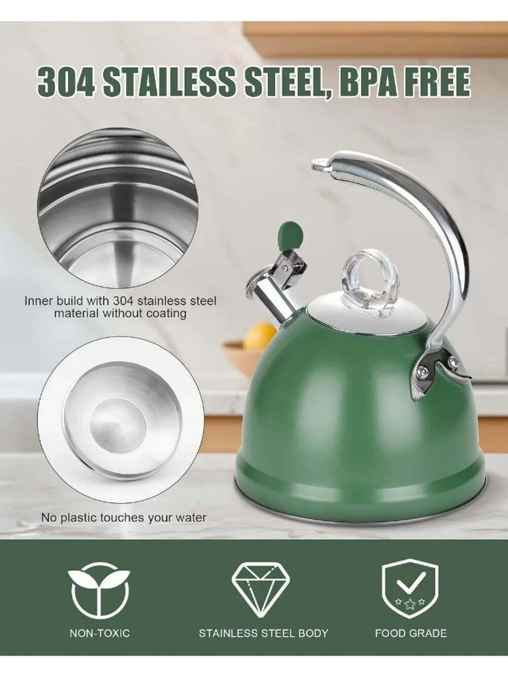 2.5 Qt Stainless Steel Whistling Tea Kettle for Gas, Electric Induction Green